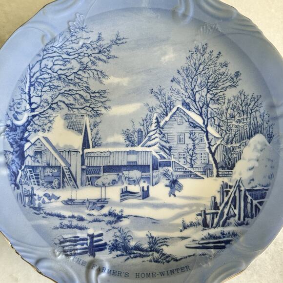 Currier & Ives The Farmers Home - Winter VINTAGE! Blue Collectible Plate 8” - Picture 2 of 5